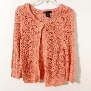 Preswick & Moore Cotton Blend Scoop Neck Crocheted Button Front Cardigan Sweater